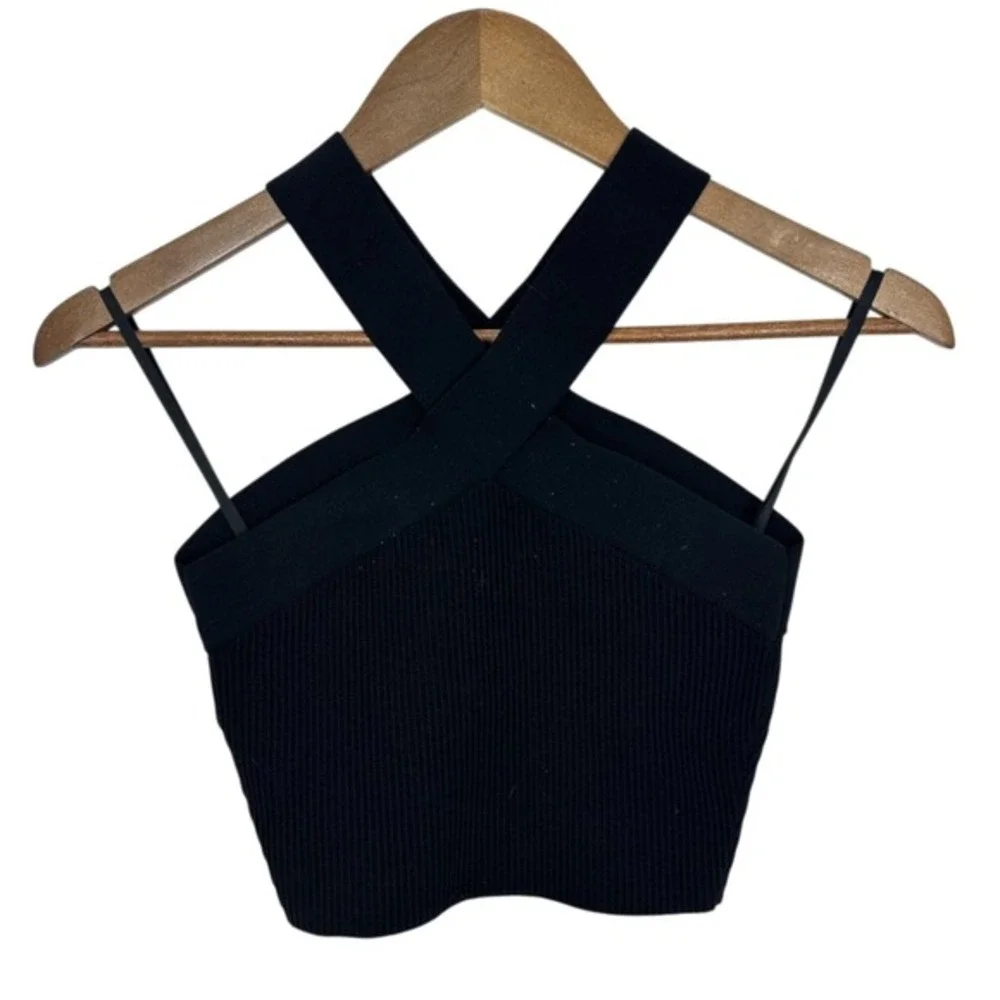 Babaton Black Ribbed Sculpt Knit Crisscross Halter Crop‎ Top Size S - Picture 2 of 8